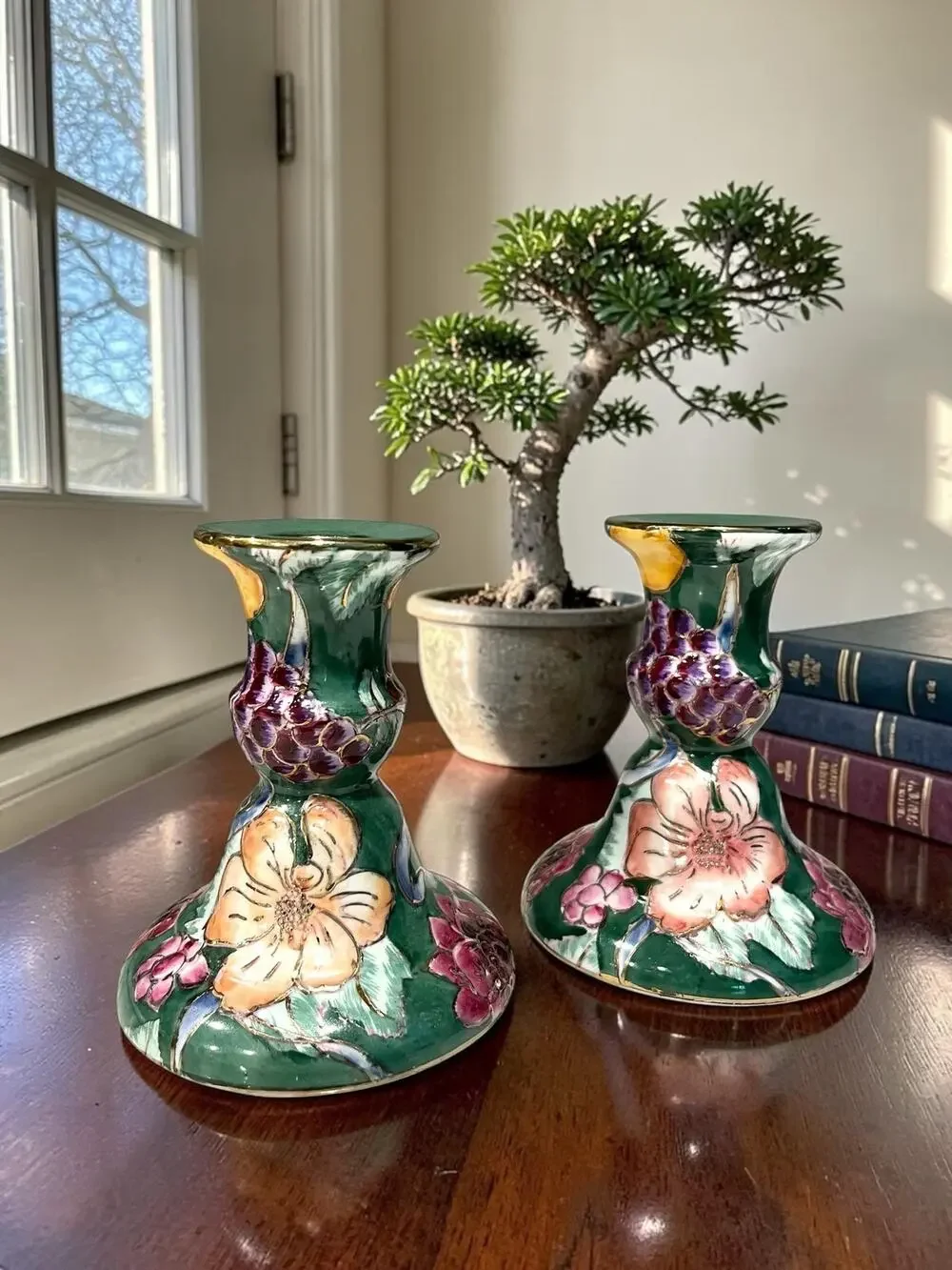 Vintage Chinese Hand Painted Floral Porcelain Candlestick Holders Pair 4.25”